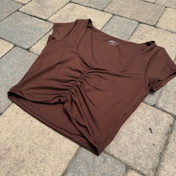 SWS Contour Women's Large Chocolate Brown T-Shirt Solid Ruched Tee - Picture 2 of 4